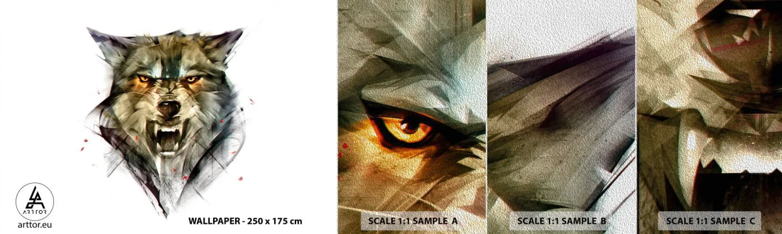 Photo Wallpaper Sample Premium Sand - Stand Back! - Abstraction, Animals, Wolf - 100x30 cm