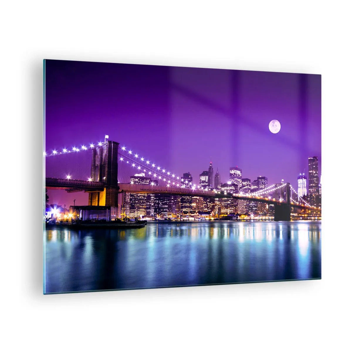 Glass picture - Brooklyn Bridge and Manhattan at night in purple hues - 70x50cm - Big City Lights in Violet - Modern wall decoration for the living room and bedroom ARTTOR