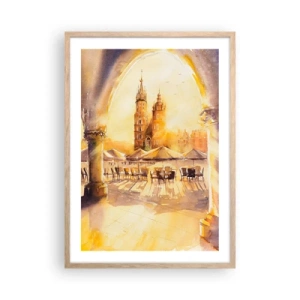 Poster in light oak frame - Sunrise over a Crocow Market - 50x70 cm