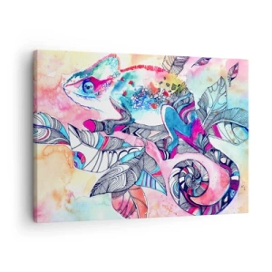 Canvas picture - Colorful chameleon on abstract leaves background - 70x50cm - Colourful Like Our World - Modern wall decoration for the living room and bedroom ARTTOR