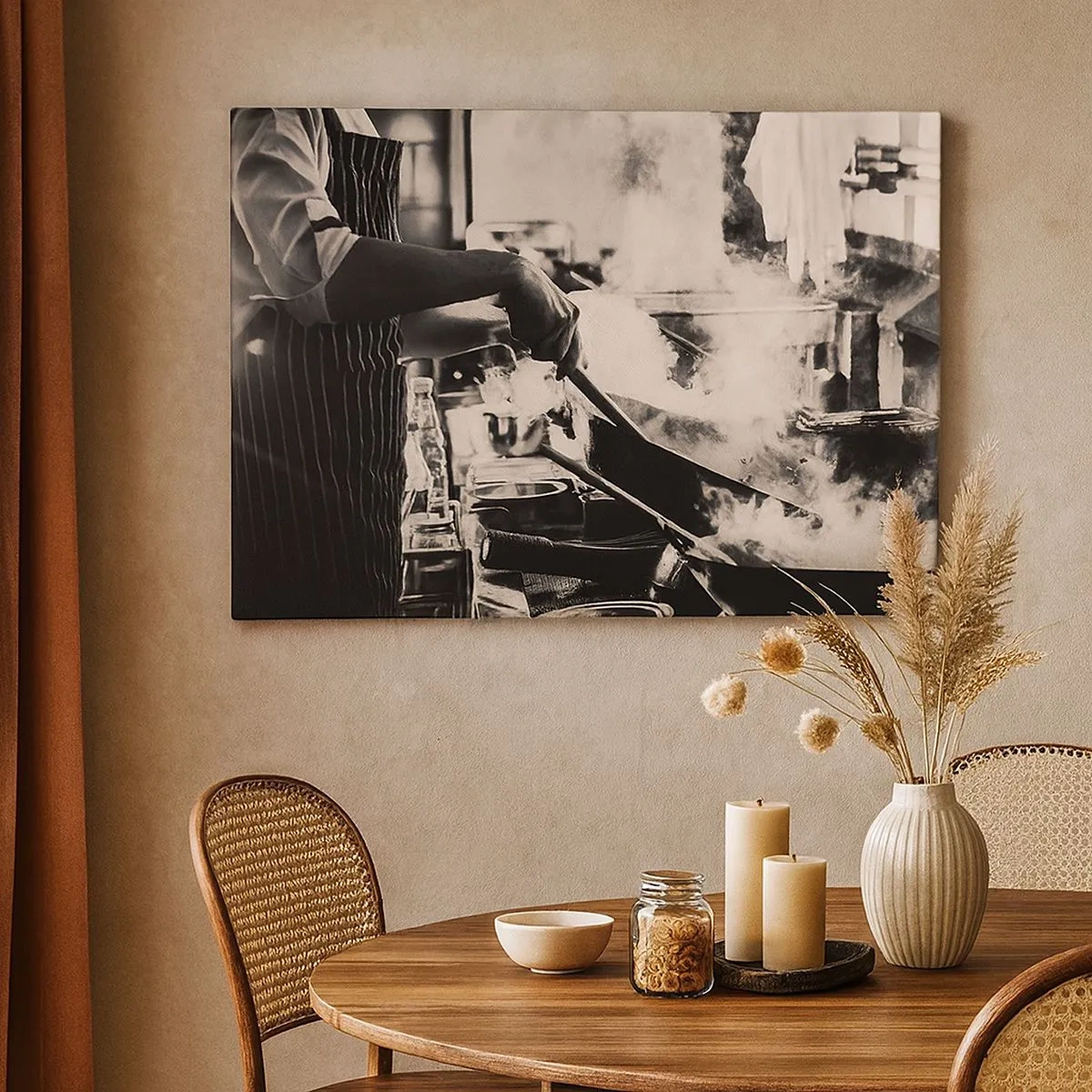 Canvas picture - A chef at work in the kitchen with steam rising from a frying pan - 70x50cm - Alchemy of Flavours - Modern wall decoration for the living room and bedroom ARTTOR