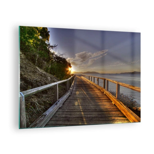 Glass picture - Wooden footbridge at sunset - 70x50cm - Walking towards the Sun - Modern wall decoration for the living room and bedroom ARTTOR