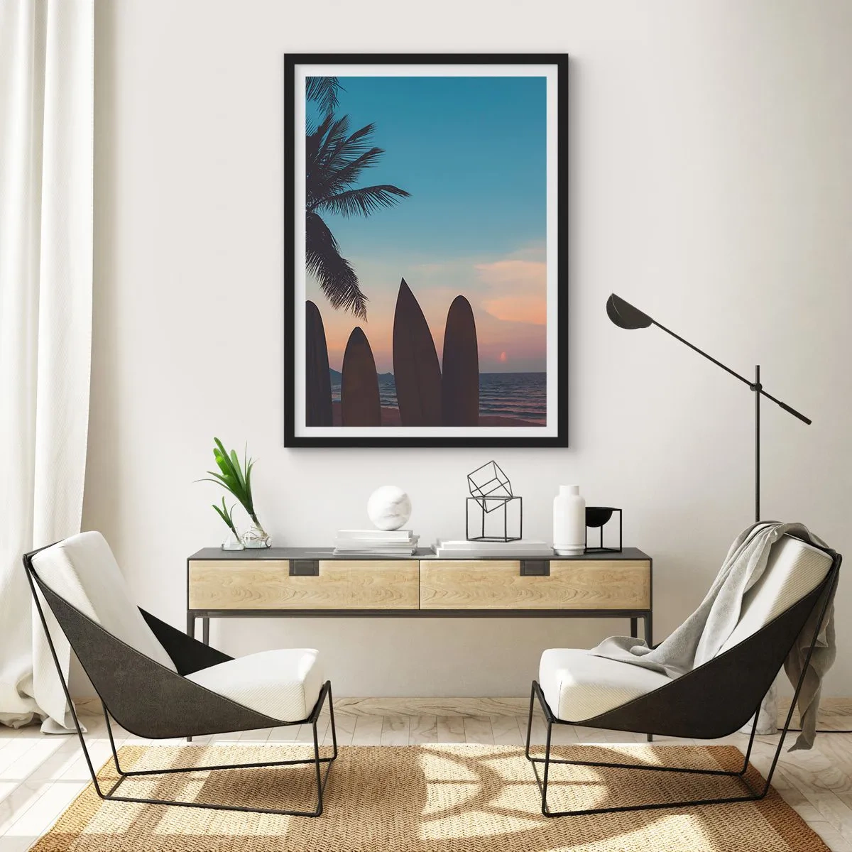 Poster in black frame - Surfboards on the beach with a sunset and palm trees in the background - 50x70cm - Tomorrow Will Be Fun Too - Modern wall decoration for the living room and bedroom ARTTOR