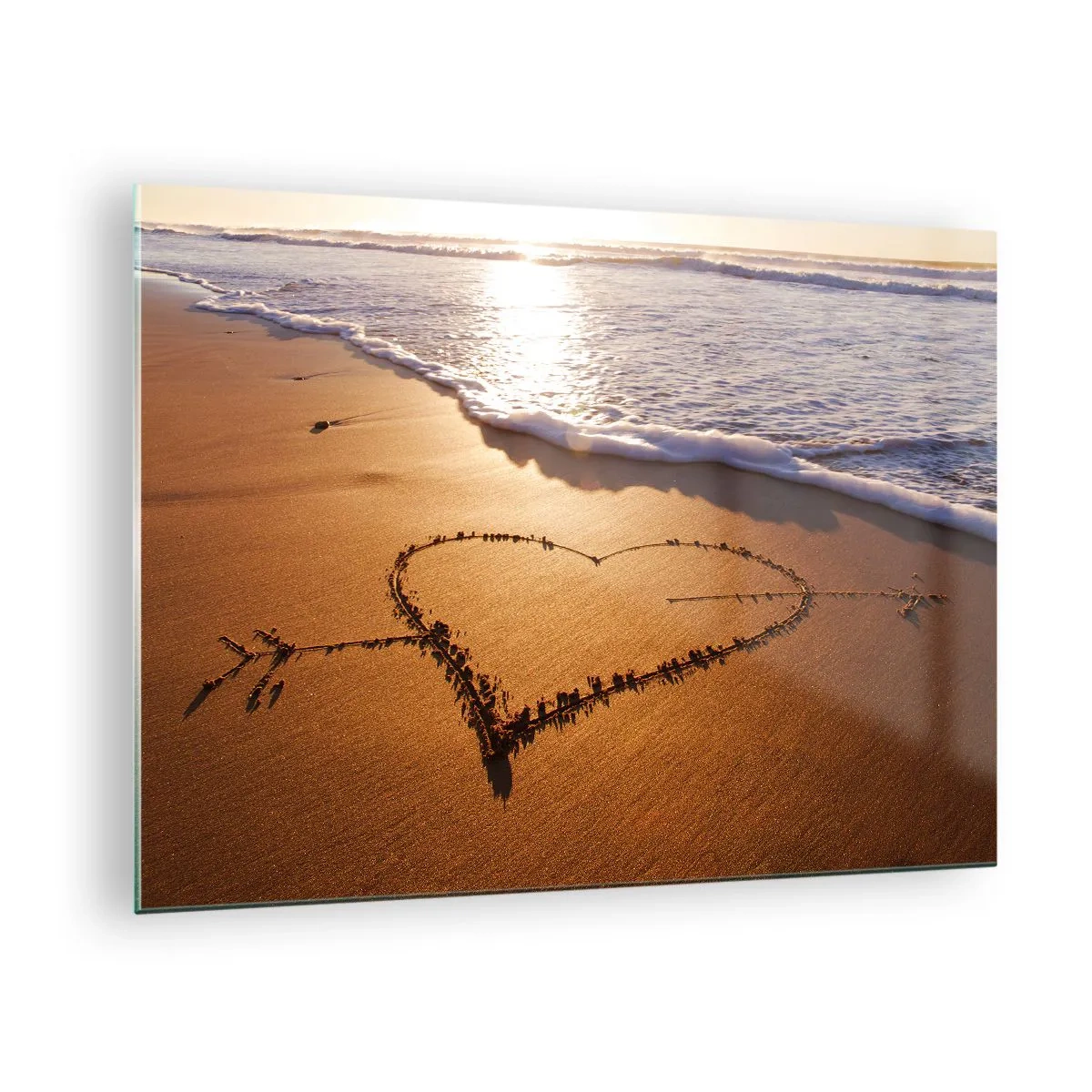 Glass picture - A heart sketched in the sand illuminated by the sun's rays - 70x50cm - Holiday Confession - Modern wall decoration for the living room and bedroom ARTTOR