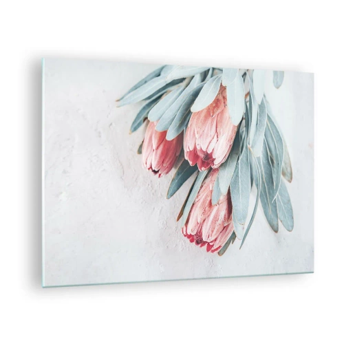 Glass picture - Three pastel protea flowers with leaves on a light background - 70x50cm - Ashamed of Their Own Beauty - Modern wall decoration for the living room and bedroom ARTTOR