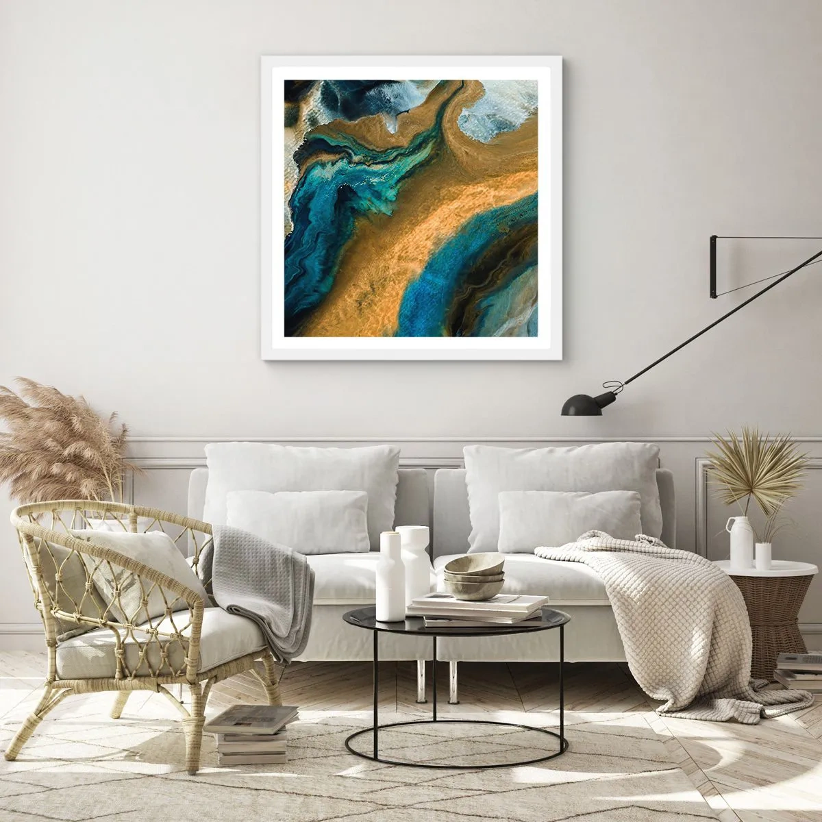 Poster in white frmae - Blue -Yellow - Mutal Influences - 30x30 cm