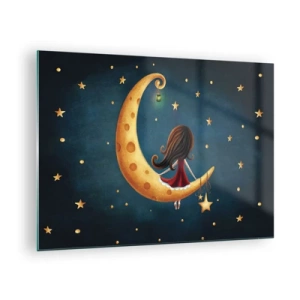 Glass picture - A girl on the moon among the stars on a navy blue background - 70x50cm - Once Upon a Time… - Modern wall decoration for the living room and bedroom ARTTOR