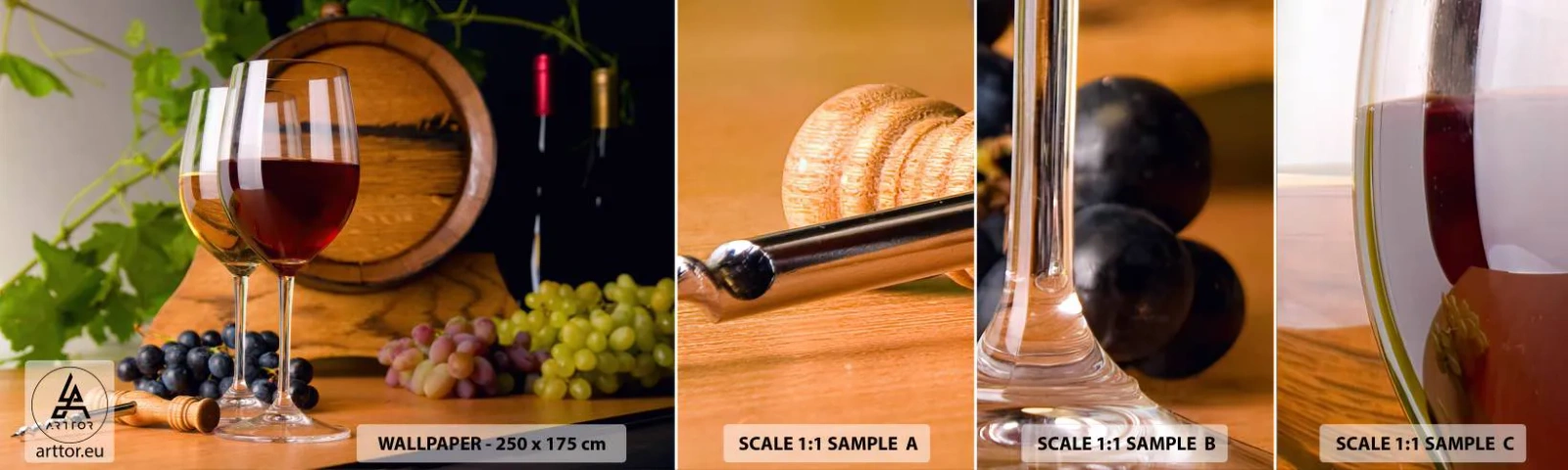 Photo Wallpaper Sample Self-Adhesive Deluxe Sticker - Like at Old Masters - Wine Barrel, Grape, A glass of wine - 100x30 cm