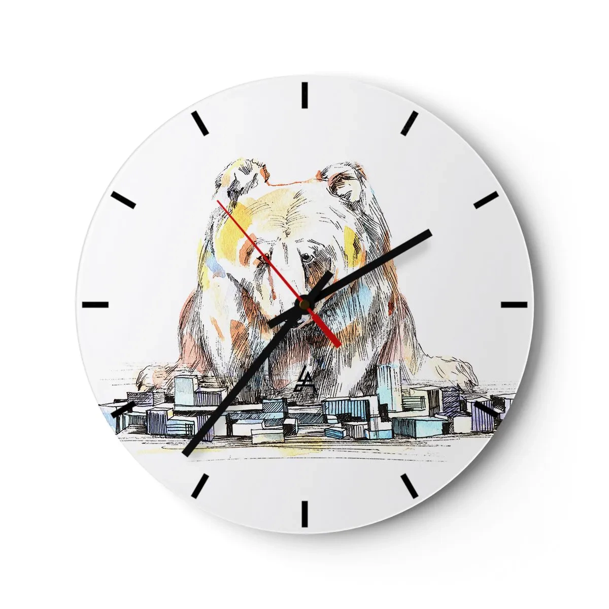 Wall clock - Clock on glass - Drawing of a bear over an urban landscape - 30x30cm - How Can You Live like That? - Modern wall decoration for the living room, kitchen, and bedroom ARTTOR