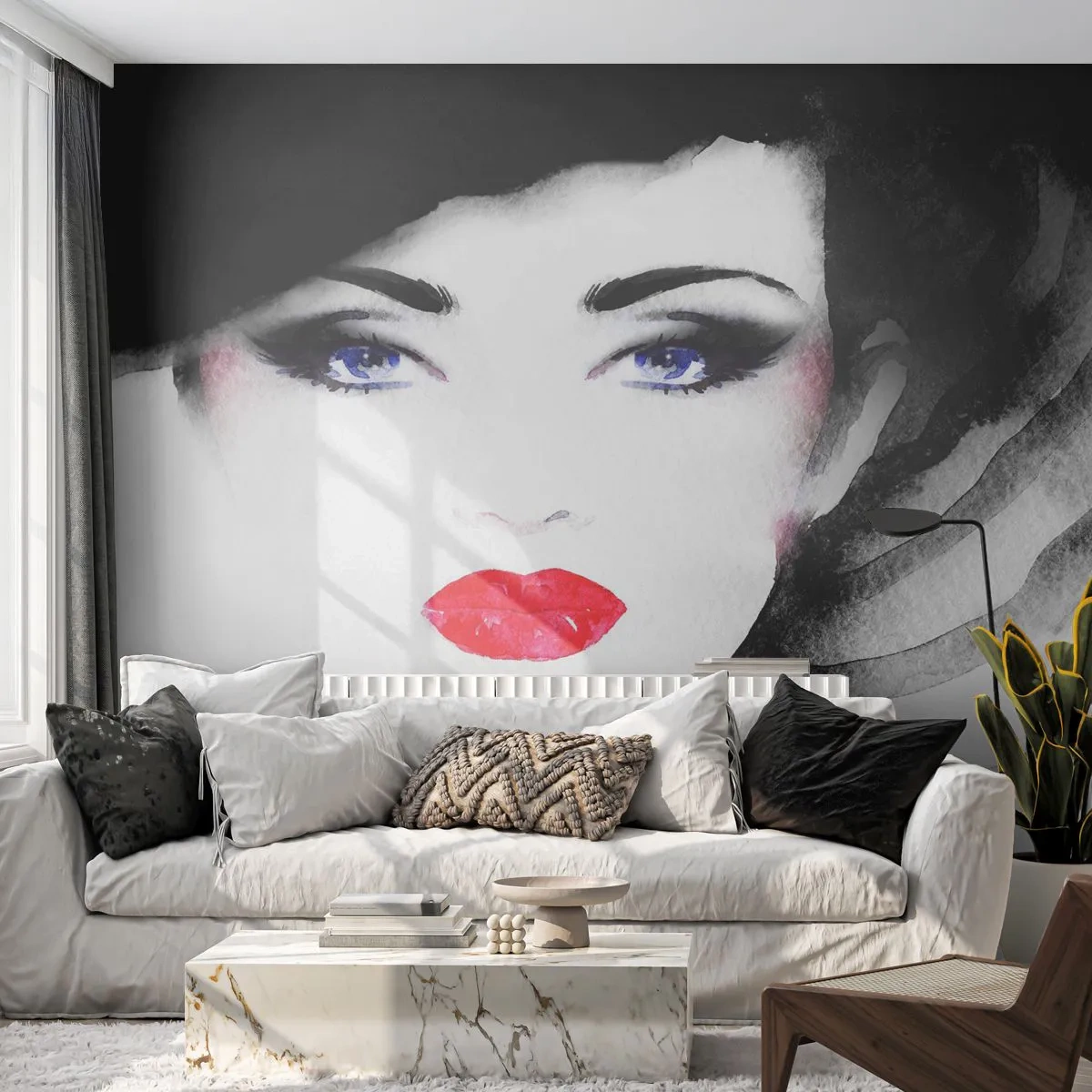 Photo Wallpaper Standard Eco - Rejects and Attracts - Woman's Face, Red lips, Blue eyes - 400x280 cm