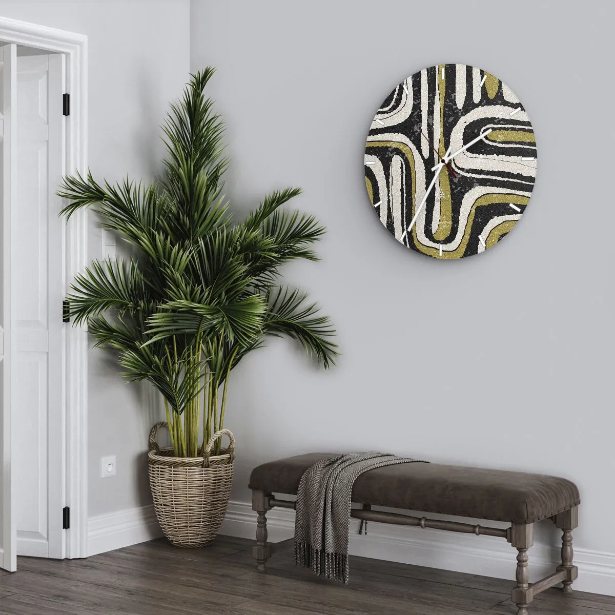 Wall clock - Clock on glass - Geometric stripes in beige, black and olive tones - 30x30cm - Compositions: Tracks and Alleys - Modern wall decoration for the living room, kitchen, and bedroom ARTTOR