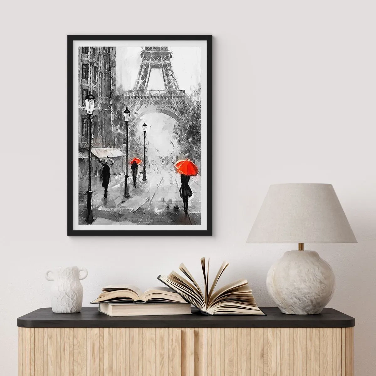 Poster in black frame - Black and white Eiffel Tower with red umbrellas in the rain - 50x70cm - All Roads Lead to Her - Modern wall decoration for the living room and bedroom ARTTOR