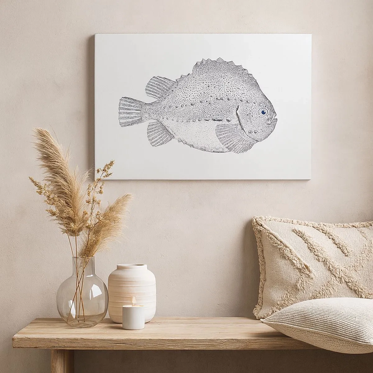 Canvas picture - Black and white drawing of a fish on a white background in a minimalist style - 70x50cm - For Natural Scientist's Album - Modern wall decoration for the living room and bedroom ARTTOR