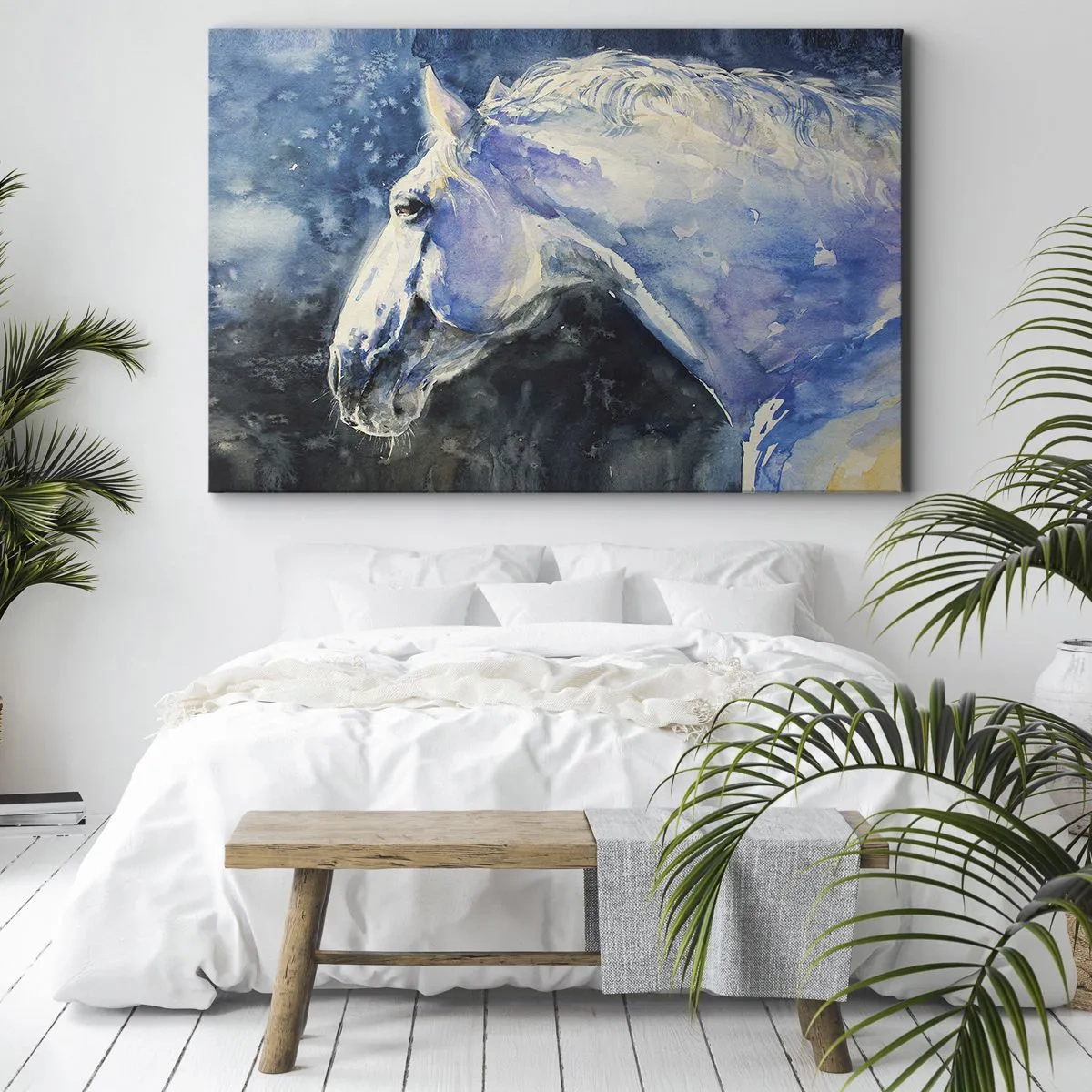 Canvas picture - A portrait of a horse in shades of blue with a painterly watercolor effect. - 70x50cm - Portrait in Blue Light - Modern wall decoration for the living room and bedroom ARTTOR