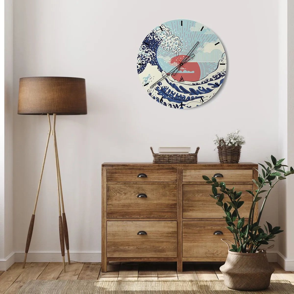 Wall clock - Clock on glass - Japanese wave against the backdrop of the setting sun - 30x30cm - From Japanese Inspirations - Modern wall decoration for the living room, kitchen, and bedroom ARTTOR