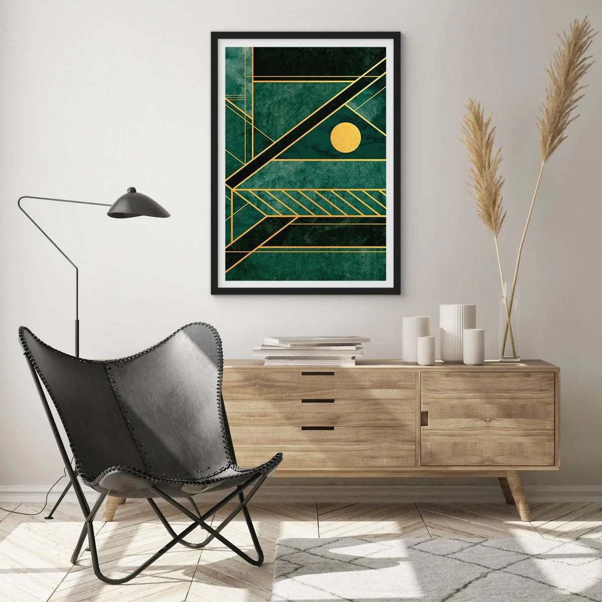Poster in black frame - Geometric abstraction in green with gold accents - 50x70cm - Dynamics of Gold and Azure - Modern wall decoration for the living room and bedroom ARTTOR