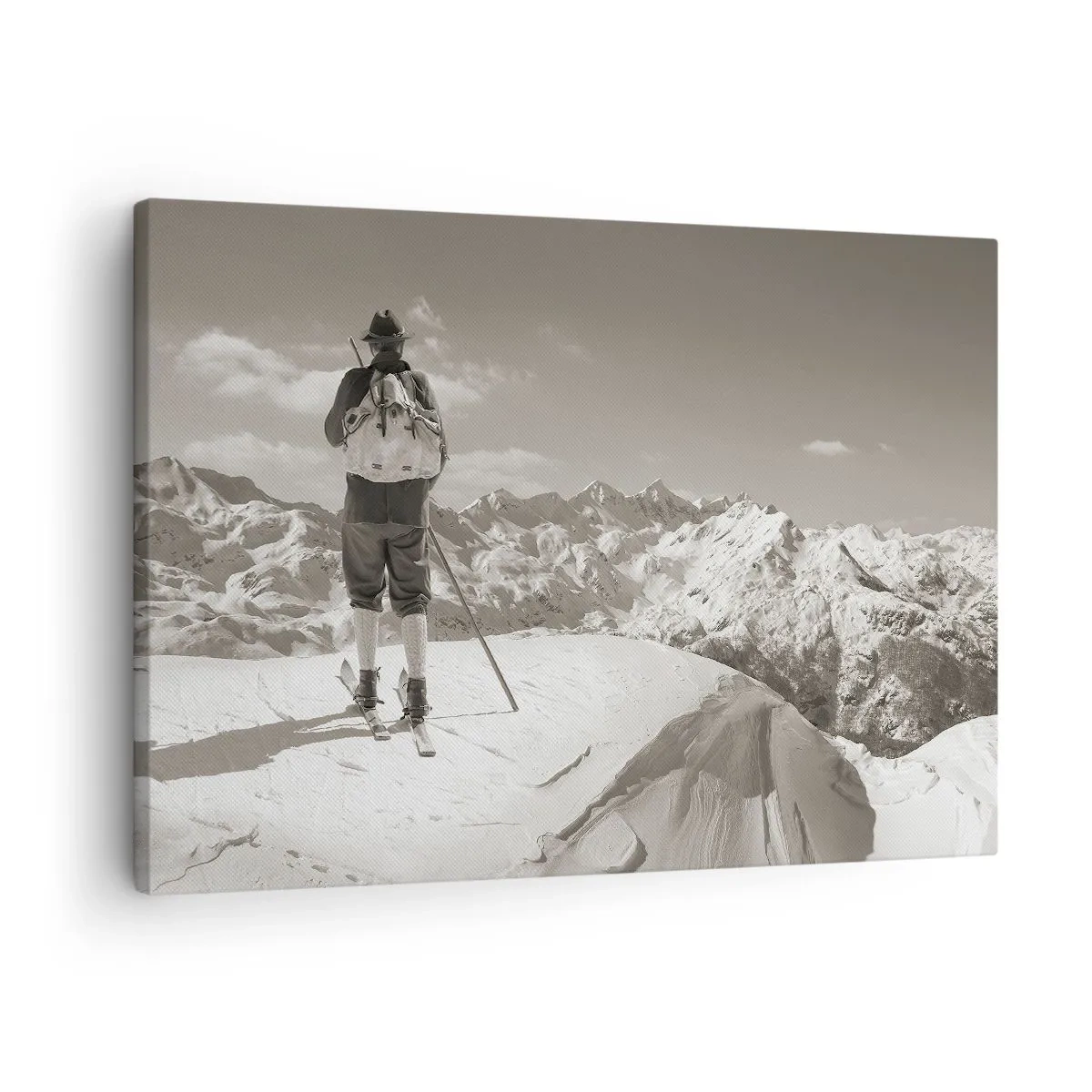 Canvas picture - A skier on top of a mountain in black and white - 70x50cm - Mountains Are the Same - Modern wall decoration for the living room and bedroom ARTTOR
