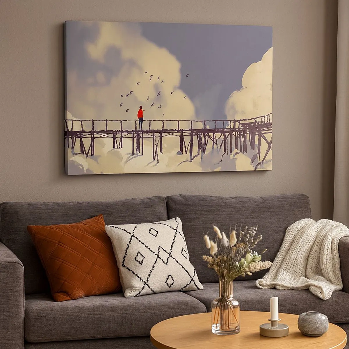 Canvas picture - A figure on a bridge among clouds with birds in the sky - 70x50cm - Blue Longing - Modern wall decoration for the living room and bedroom ARTTOR
