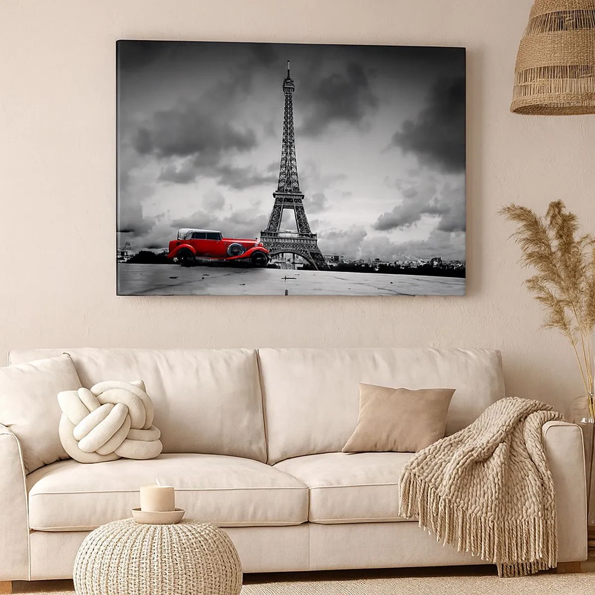 Canvas picture - Red retro car in front of the Eiffel Tower in black and white - 70x50cm - Not So Long Ago in Paris - Modern wall decoration for the living room and bedroom ARTTOR