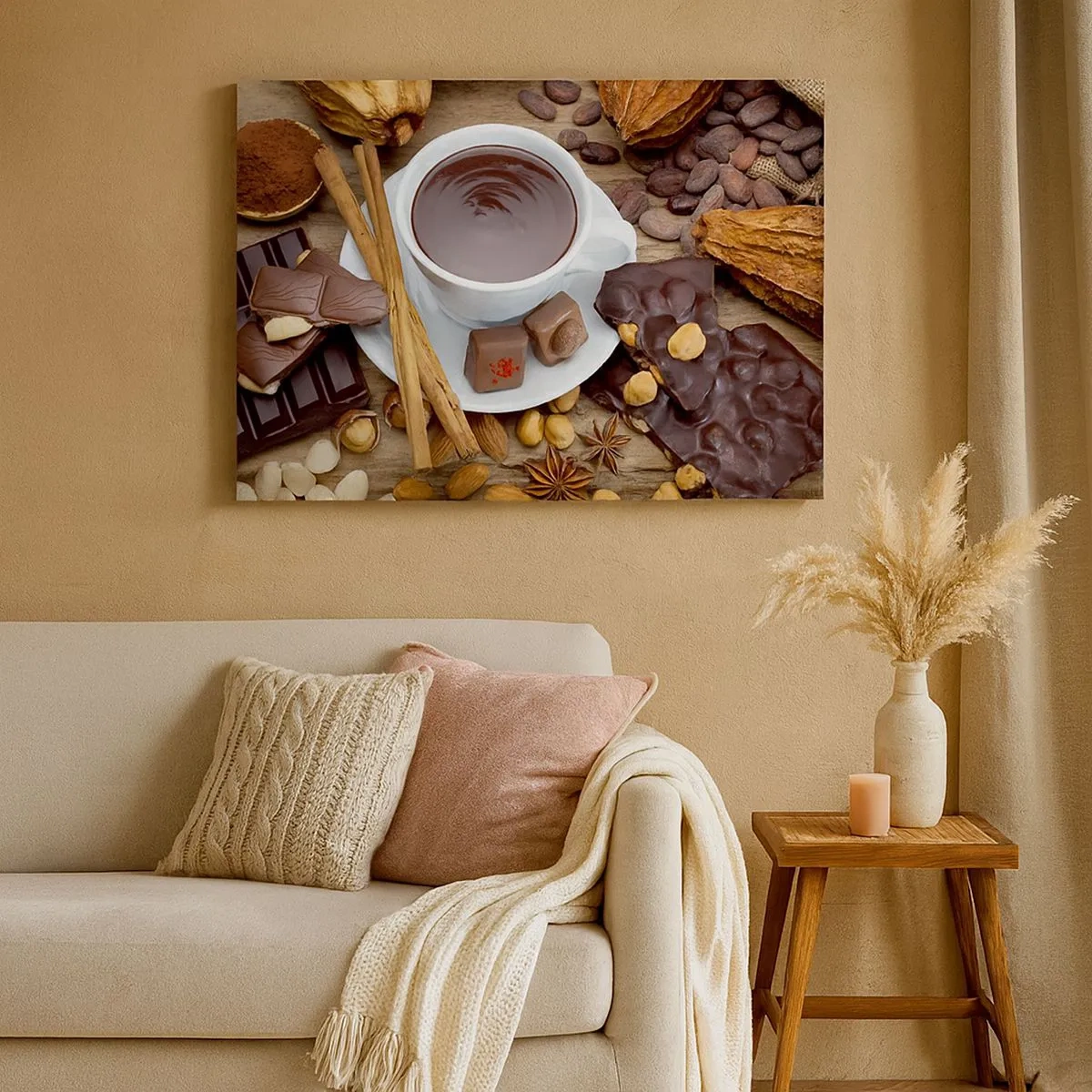 Canvas picture - A cup of hot chocolate surrounded by dessert ingredients - 70x50cm - From a Fairytale Factory of Chocolate - Modern wall decoration for the living room and bedroom ARTTOR
