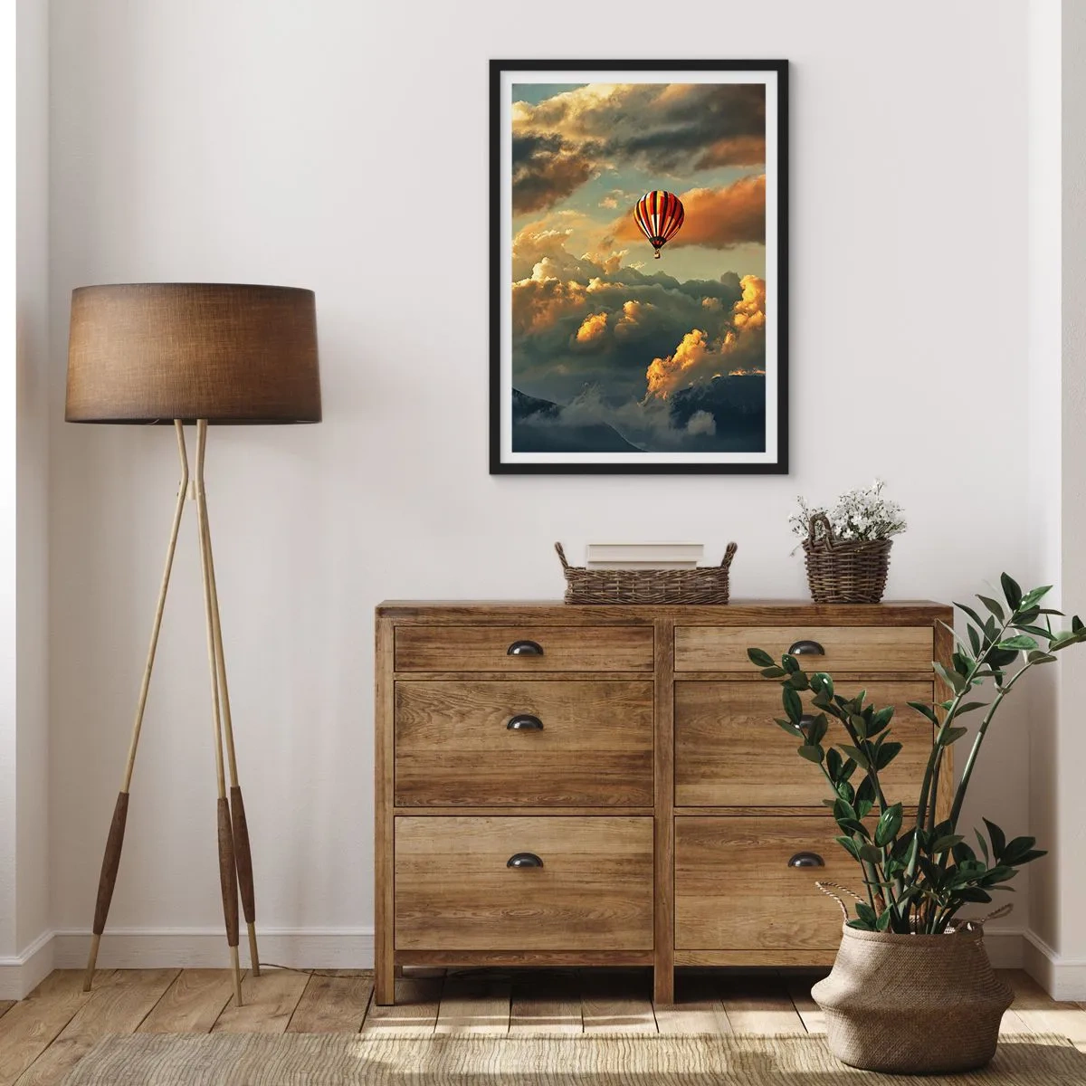 Poster in black frame - A balloon among the clouds at sunset - 50x70cm - I Like Flying - Modern wall decoration for the living room and bedroom ARTTOR
