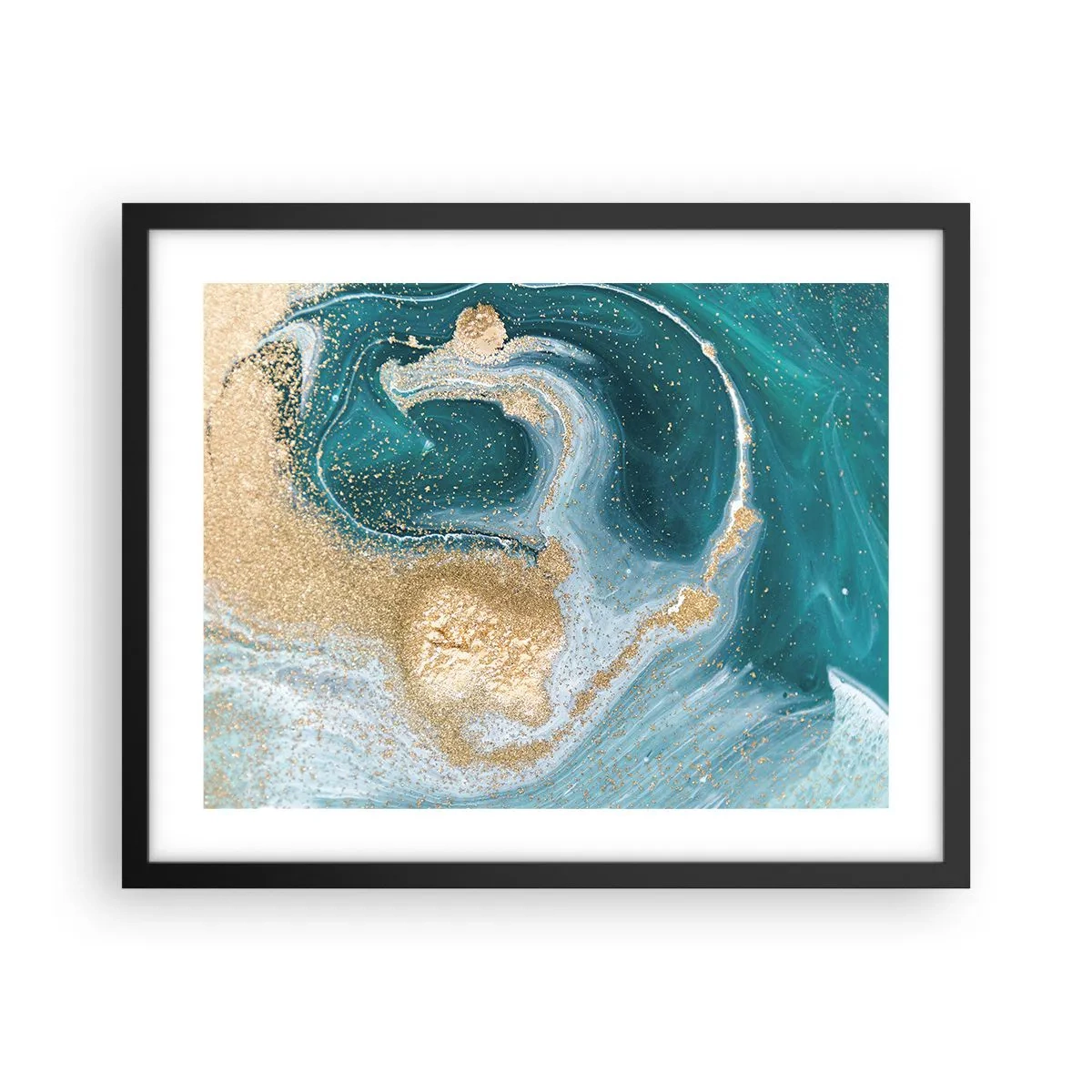 Poster in black frame - Swirl of Gold and Turquiose - 50x40 cm