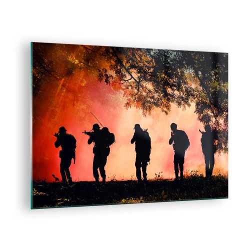 Glass picture - A group of soldiers marching against the backdrop of a burning forest. - 70x50cm - ...All for One - Modern wall decoration for the living room and bedroom ARTTOR