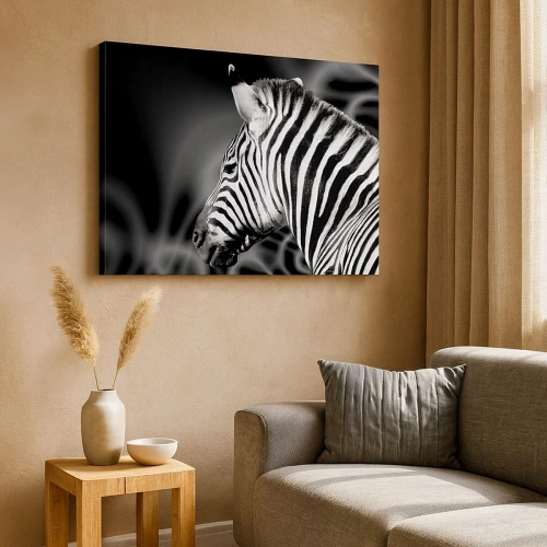 Canvas picture - Black and white portrait of a zebra against a background of abstract patterns. - 70x50cm - White Is White, and Black Is Black - Modern wall decoration for the living room and bedroom ARTTOR