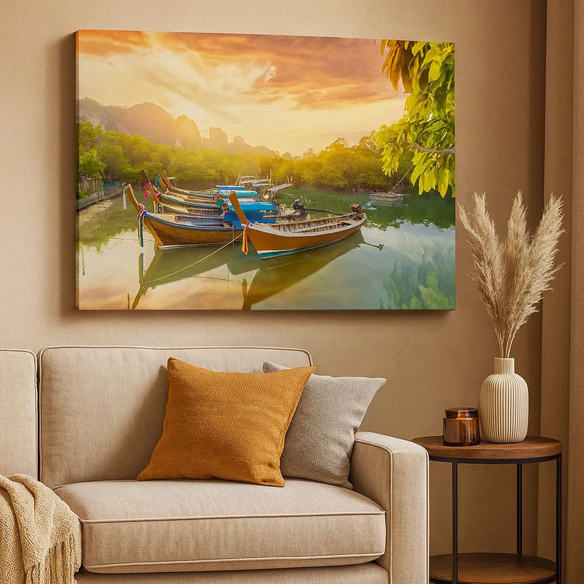 Canvas picture - Traditional boats on calm water at sunset - 70x50cm - At the Start of a Busy Day - Modern wall decoration for the living room and bedroom ARTTOR