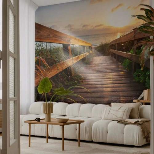 Photo Wallpaper Standard Eco - Straigh to the Shore - Landscape, Sea, Wooden Bridge - 300x210 cm