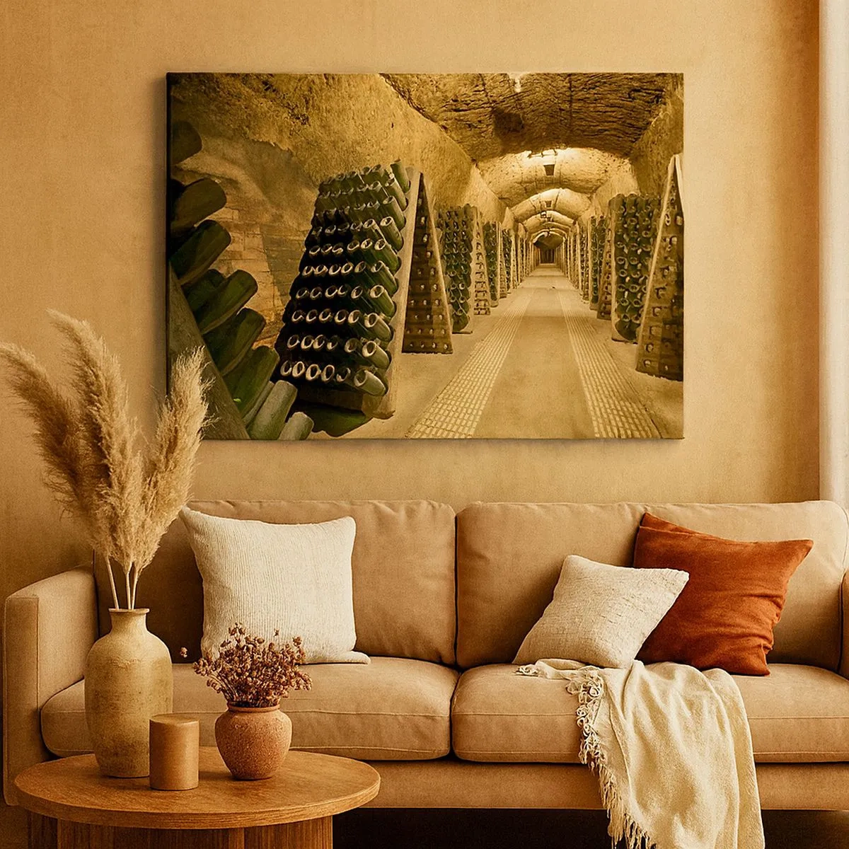 Canvas picture - A vineyard with a cellar full of wine bottles displayed on wooden racks. - 70x50cm - Birth of Taste - Modern wall decoration for the living room and bedroom ARTTOR