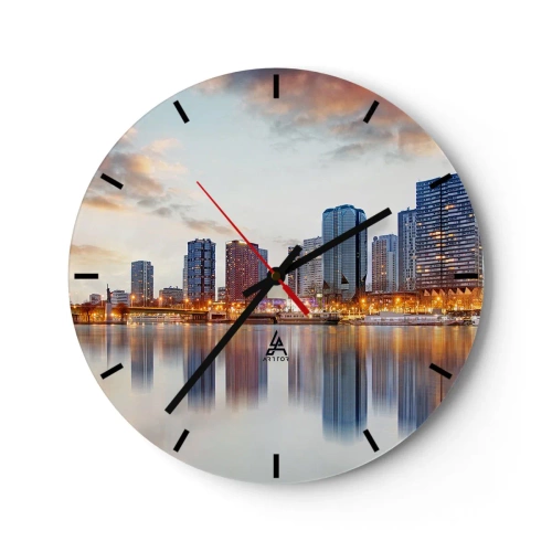 Wall clock - Clock on glass - Panorama of the city with reflection in the water - 30x30cm - Monumental Peace of Paris - Modern wall decoration for the living room, kitchen, and bedroom ARTTOR