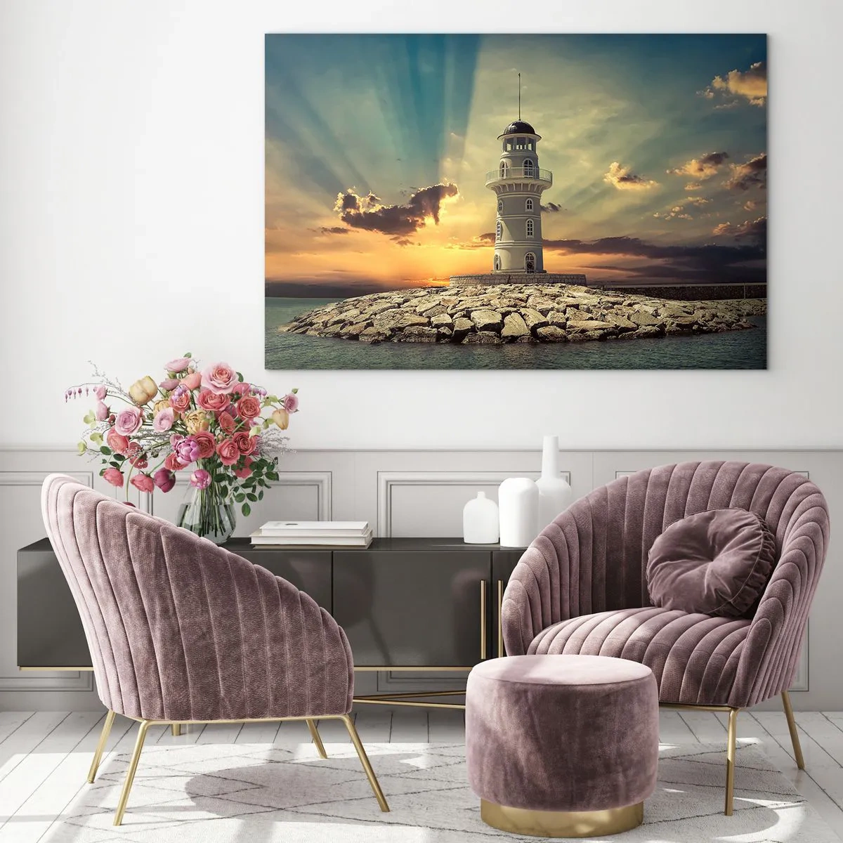 Glass picture - A lighthouse against the backdrop of the setting sun - 70x50cm - Light, Hope, Beauty - Modern wall decoration for the living room and bedroom ARTTOR