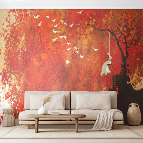 Photo Wallpaper Premium Canvas - Will It Fly with Us? - Abstraction, Woman, Birds - 250x175 cm