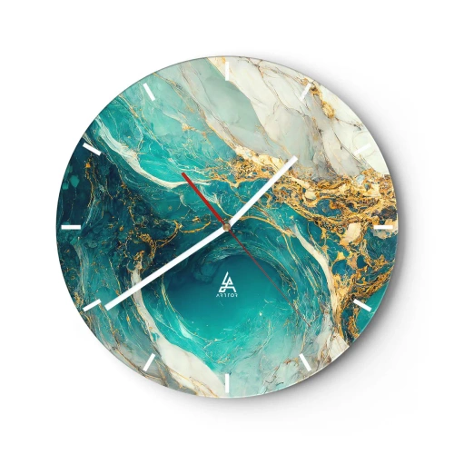 Wall clock - Clock on glass - Turquoise abstract with swirling gold pattern - 30x30cm - Composition with Veins of Gold - Modern wall decoration for the living room, kitchen, and bedroom ARTTOR
