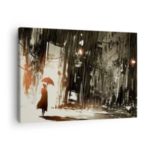 Canvas picture - red figure with an umbrella in a rainy scene - 70x50cm - Poetry of a Red Umbrella - Modern wall decoration for the living room and bedroom ARTTOR