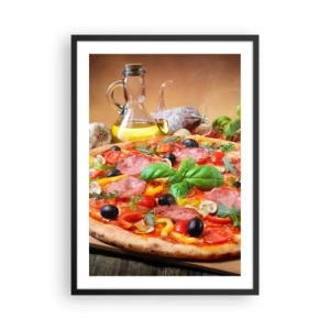 Poster in black frame - Appetizing pizza with olives and herbs on a wooden table - 50x70cm - With a Real Italian Flavouring - Modern wall decoration for the living room and bedroom ARTTOR