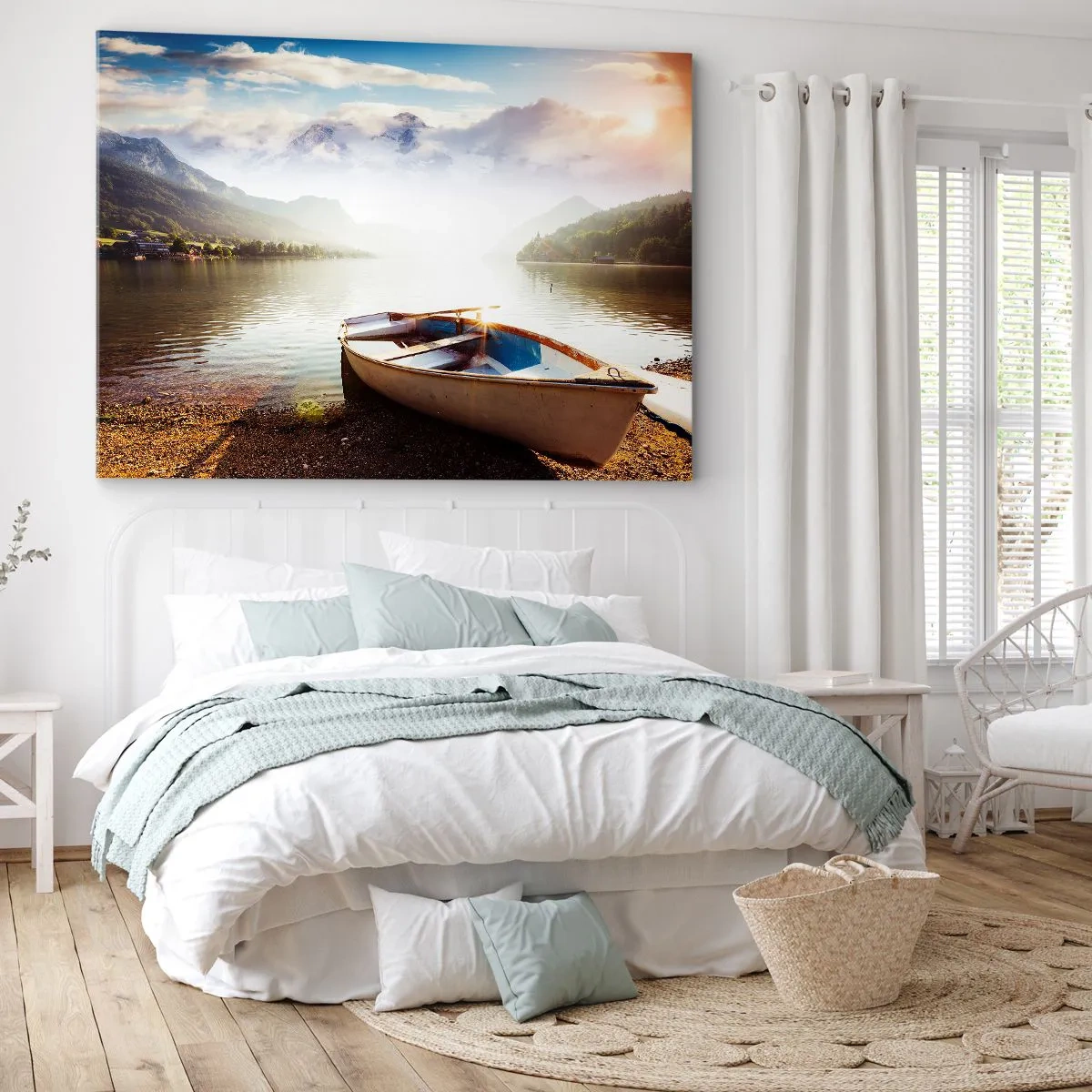 Canvas picture - A boat on the shore of a lake with a view of the mountains in the morning - 70x50cm - By the Great, Clear Waters - Modern wall decoration for the living room and bedroom ARTTOR