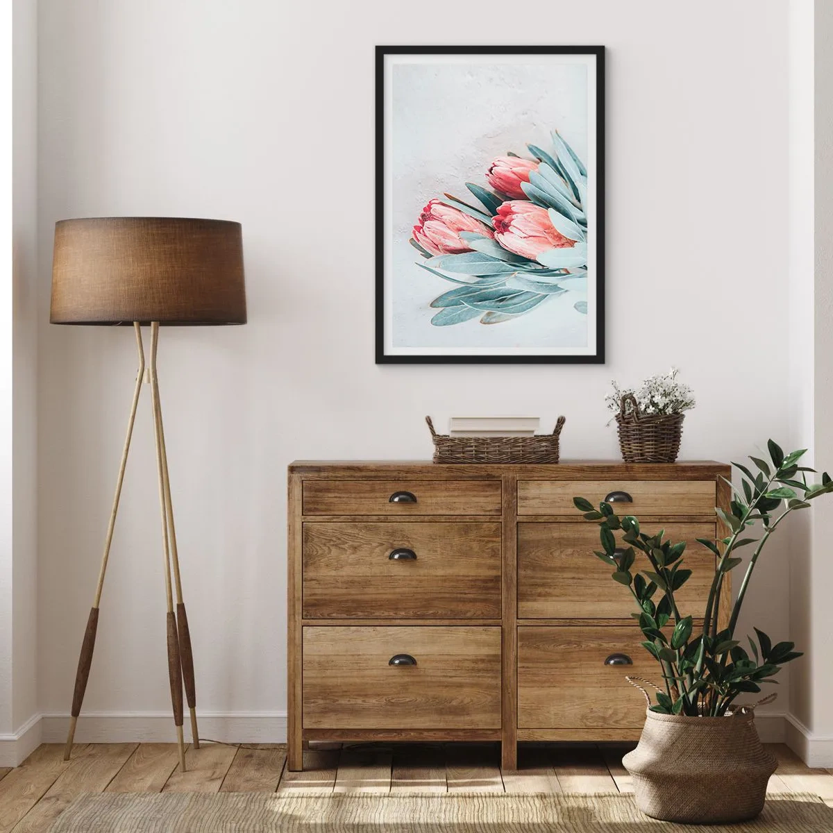 Poster in black frame - A subtle composition of protea flowers on a light background - 50x70cm - Ashamed of Their Own Beauty - Modern wall decoration for the living room and bedroom ARTTOR