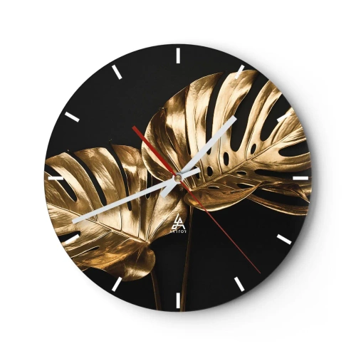 Wall clock - Clock on glass - Golden monstera leaves on a black background in an elegant composition - 30x30cm - Tresaures of Nature - Modern wall decoration for the living room, kitchen, and bedroom ARTTOR