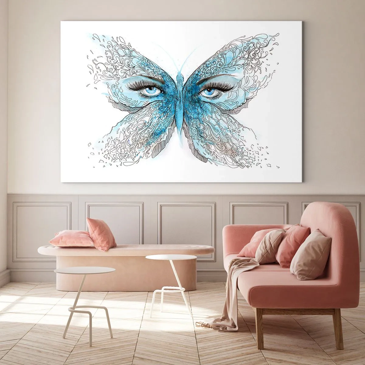 Glass picture - A butterfly with blue wings and human eyes in an artistic style. - 70x50cm - Eros Praying Mantis - Modern wall decoration for the living room and bedroom ARTTOR