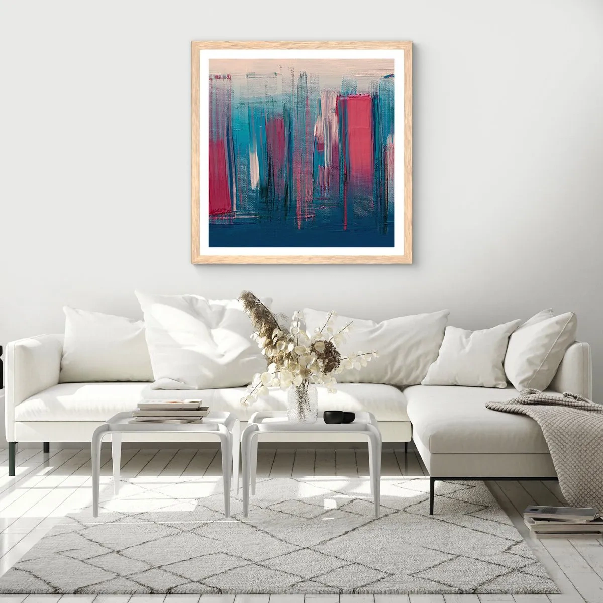 Poster in light oak frame - Vertical Composition In Blue And Red - 40x40 cm