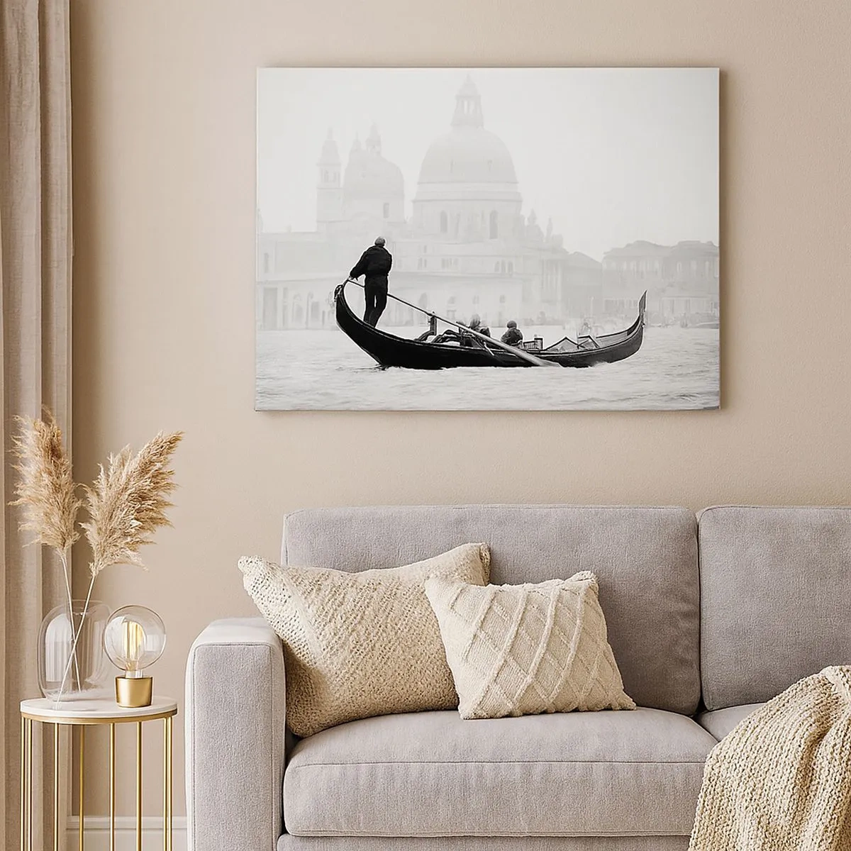 Canvas picture - A gondola with the basilica in the background in black and white - 70x50cm - Journey to the Origin of Beauty - Modern wall decoration for the living room and bedroom ARTTOR