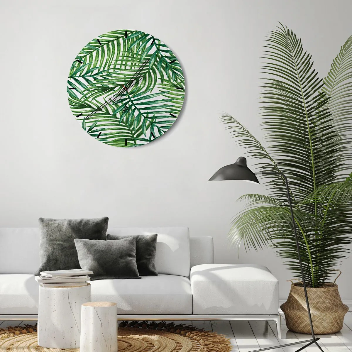 Wall clock - Clock on glass - Green palm leaves arranged in a dense composition - 30x30cm - Under the Green Canopy - Modern wall decoration for the living room, kitchen, and bedroom ARTTOR