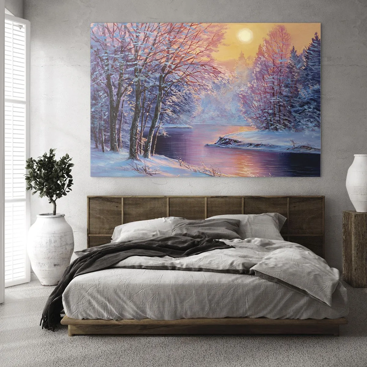 Glass picture - Winter landscape with a river and a sunset - 70x50cm - Colours of Winter - Modern wall decoration for the living room and bedroom ARTTOR