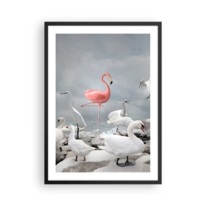 Poster in black frame - A pink flamingo surrounded by white birds against the sky - 50x70cm - Where Did I Come from? - Modern wall decoration for the living room and bedroom ARTTOR