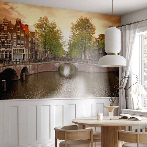 Custom Self-Adhesive Wallpaper Deluxe Sticker - By Boat or by Bike? - City, Amsterdam, Boat Bridge Canal