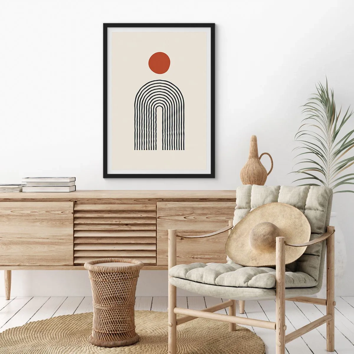 Poster in black frame - Geometric abstraction with a linear arc and a red circle. - 50x70cm - Magnetism of Shapes and Colours - Modern wall decoration for the living room and bedroom ARTTOR