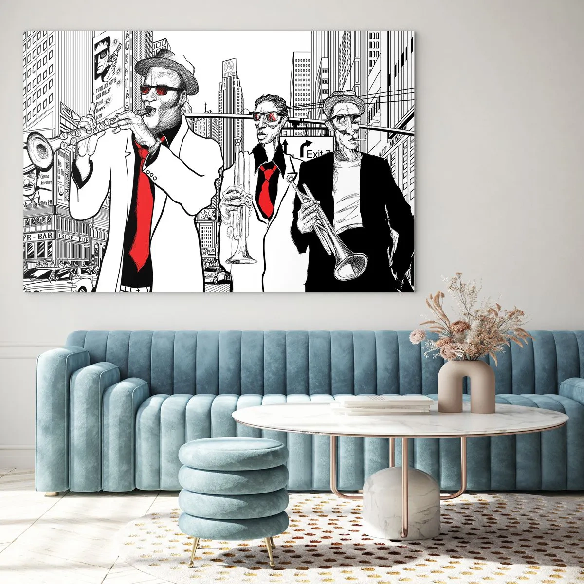 Glass picture - A jazz street band with a modern graphic style. - 70x50cm - City Rhapsody in Black and Red - Modern wall decoration for the living room and bedroom ARTTOR