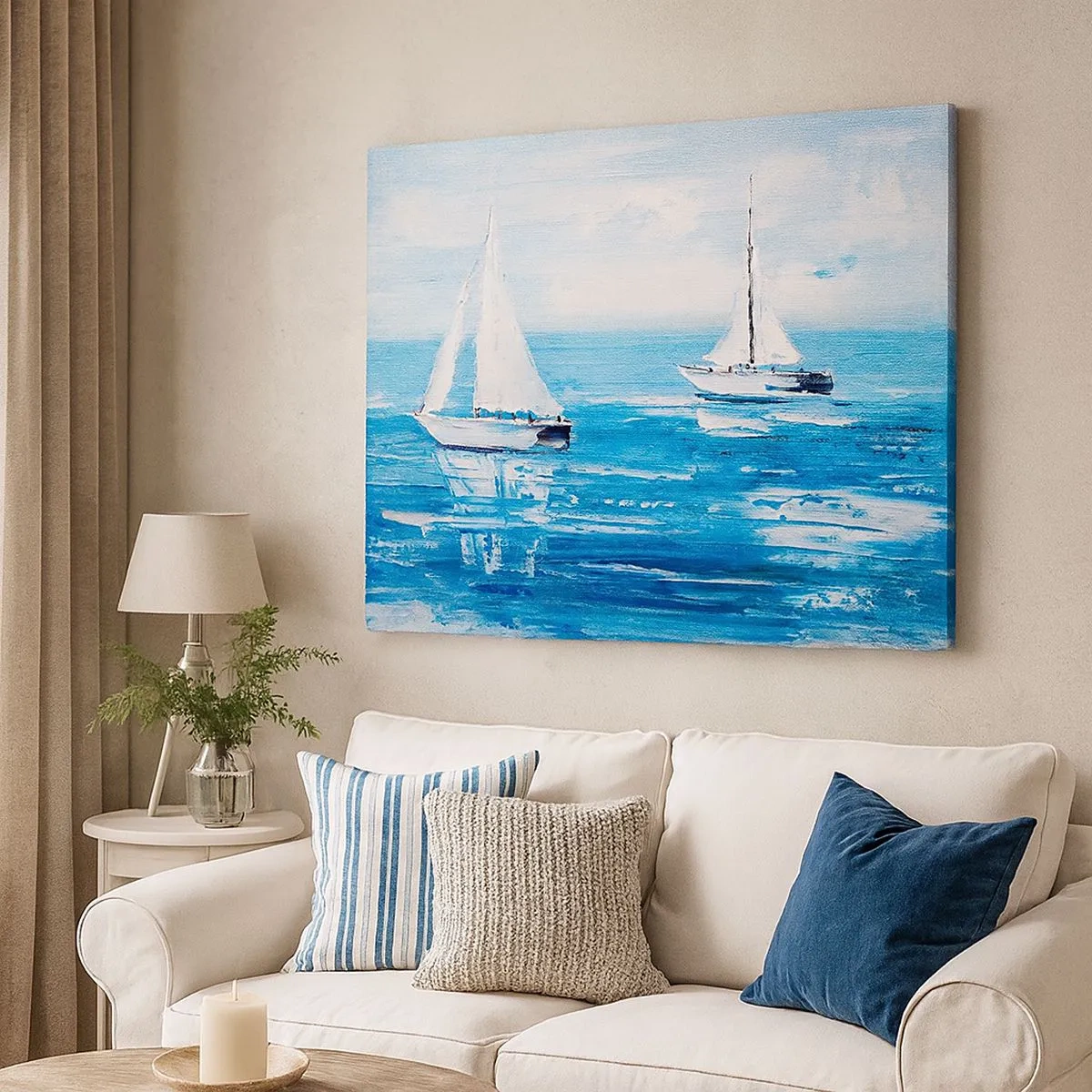 Canvas picture - Yachts on the blue sea in an artistic style - 70x50cm - With a Friend by the Side - Modern wall decoration for the living room and bedroom ARTTOR